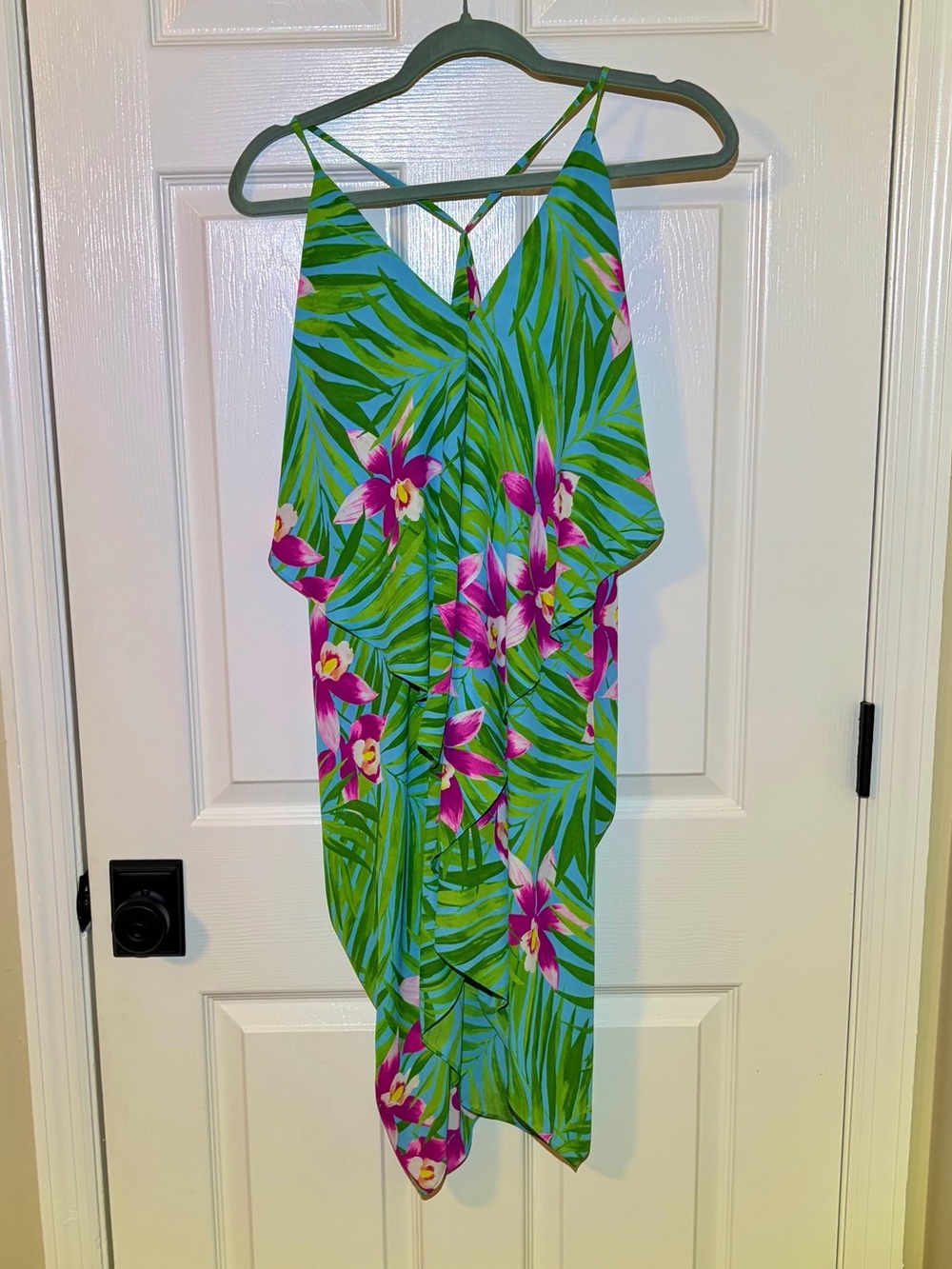 Olivaceous Racerback Green and Blue Floral Print Tunic Top or Mini Dress.  Large